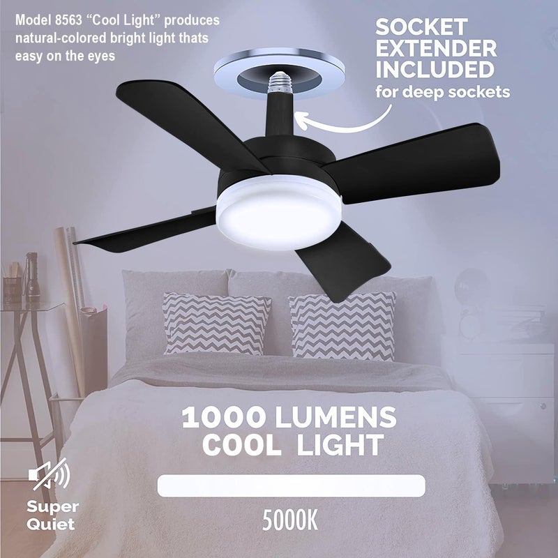 BELLHOWELL مروحة سقف صغيرة Socket Breeze Deluxe مع ضوء LED وجهاز تحكم عن بعد، سرعات وسطوع قابلة للتعديل، مروحة لمقبس الضوء لغرفة النوم، المطبخ، غرفة المعيشة، 1000 لومن - Image 3